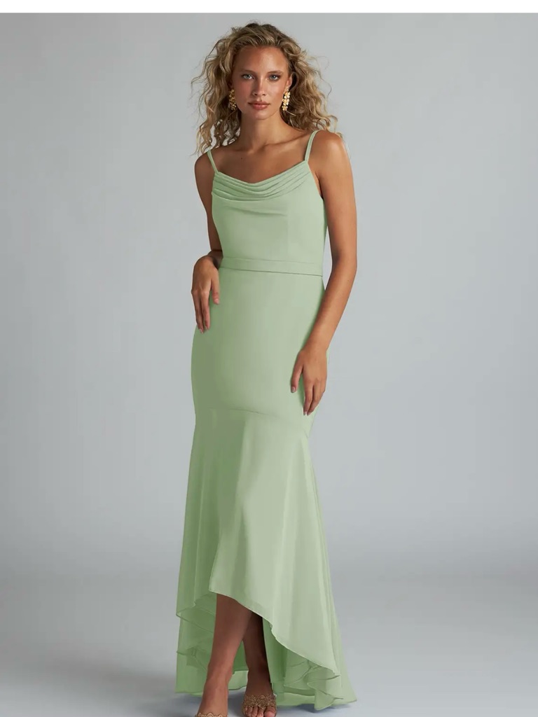 Azazie Summer Bridesmaid Dress: Dusty Sage Green Cowl-Neck Mermaid Gown